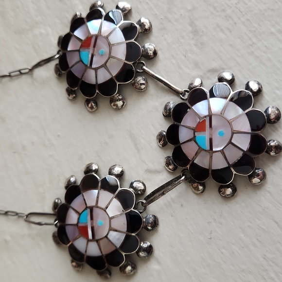 Native American Zuni Vintage Sunface Inlaid Necklace & Earrings Set 💙☀️🖤 - Picture 11 of 16